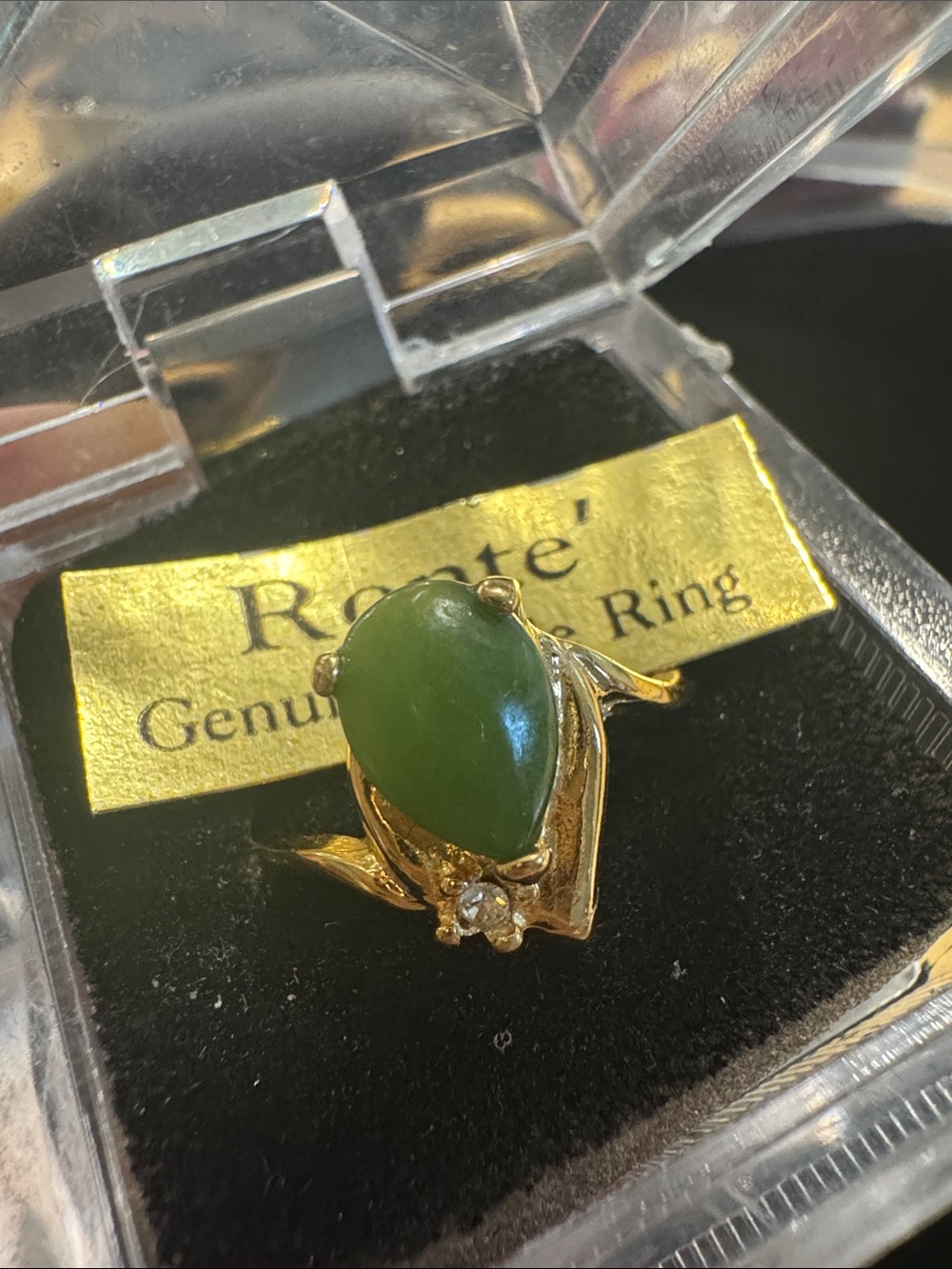 Gold Ring with Green Teardrop Stone and Accent Crystal
